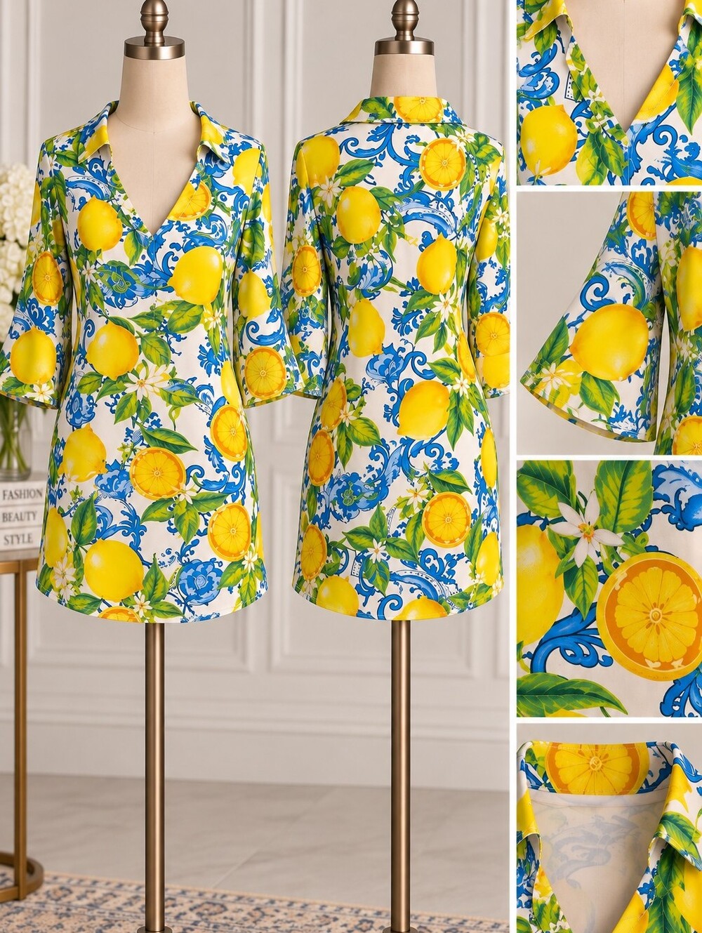 Lemon Print V-Neck Shift Dress - Yellow